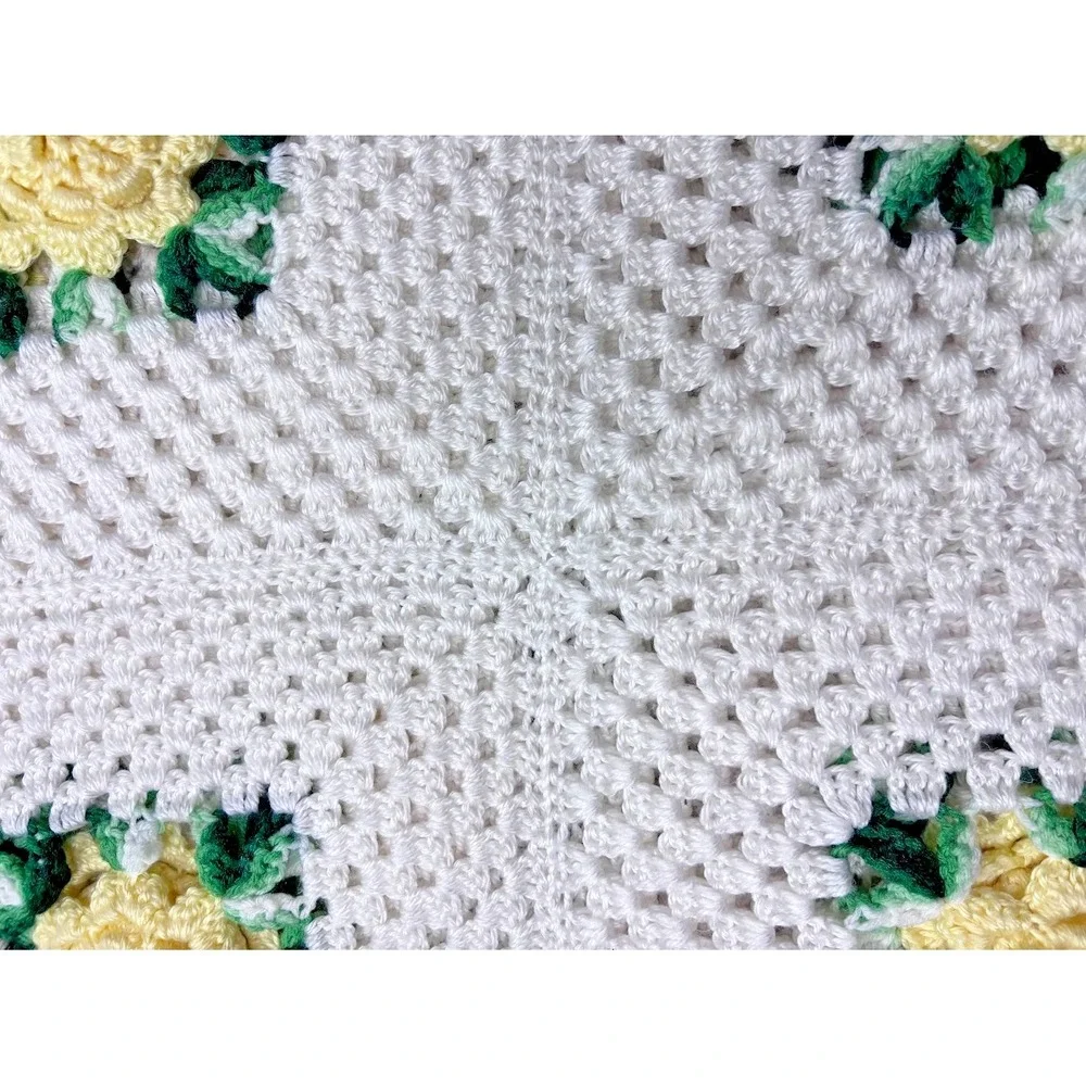 Vtg Crocheted Afghan White Yellow Flower Granny Square Blanket  58x72 Soft Throw